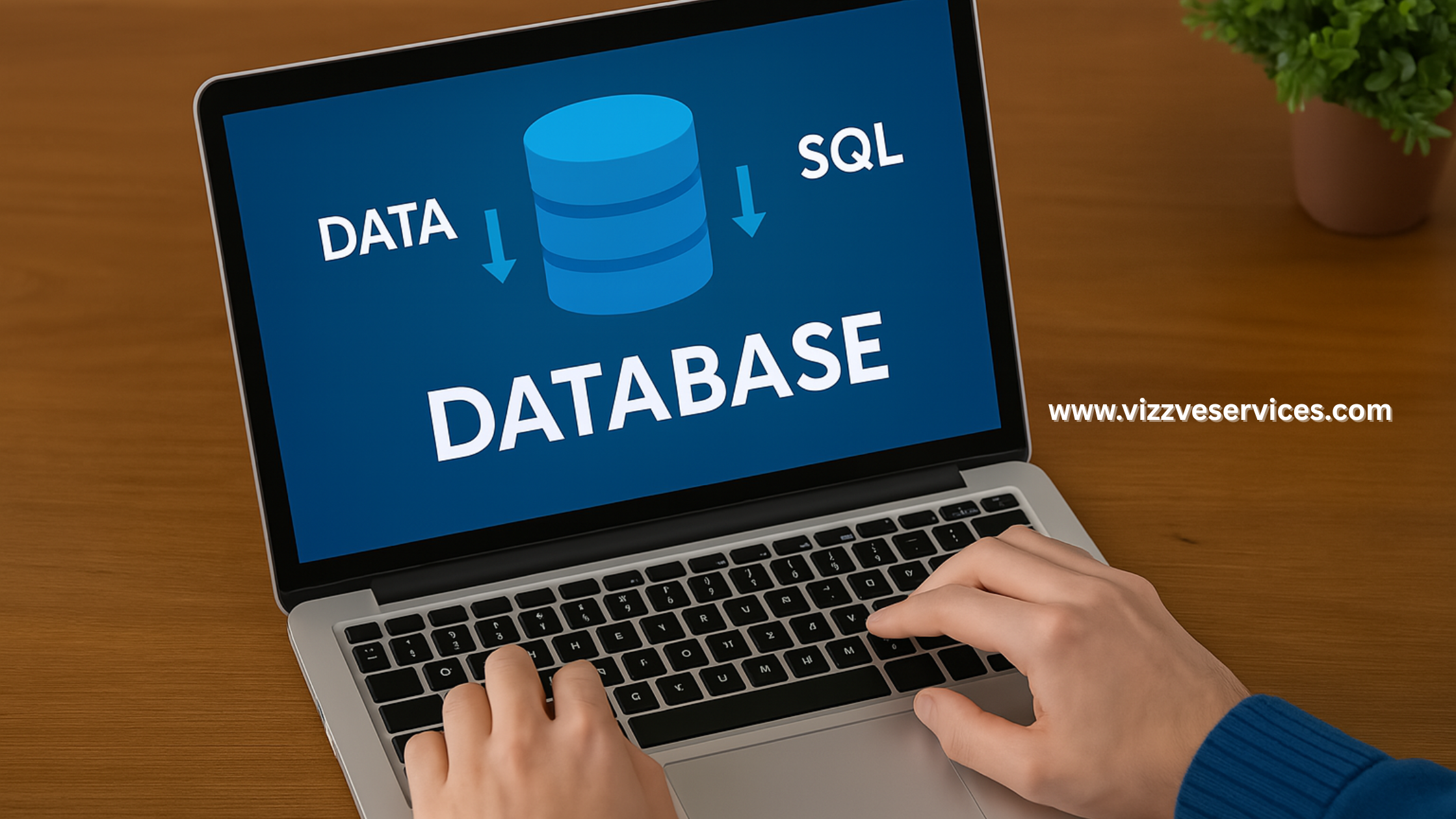 Hands typing on a laptop with database-related terms displayed on screen, representing the role of databases in web development